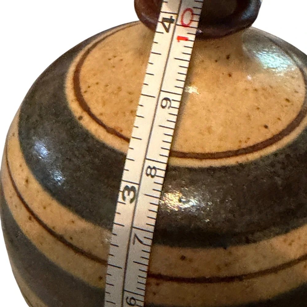 Vintage Studio Pottery Striped Bud Vase Tan Gray Speckled Stoneware Round 4in